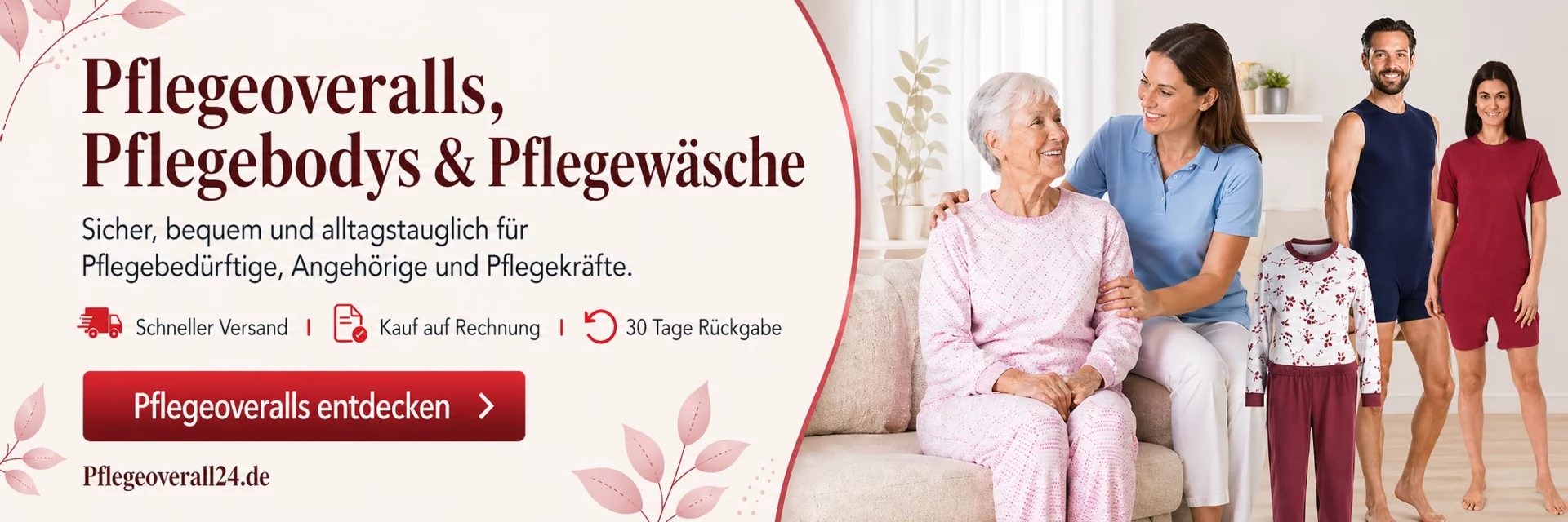 Pflegeoveralls und Pflegebodys in Blau und Rot - Banner