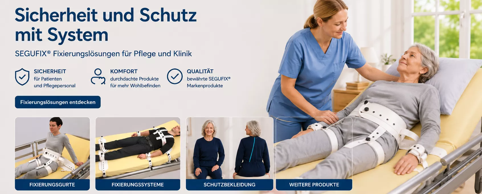 Pflegekraft betreut eine ruhig gelagerte Patientin mit SEGUFIX® Fixierungssystem im hellen Pflegezimmer