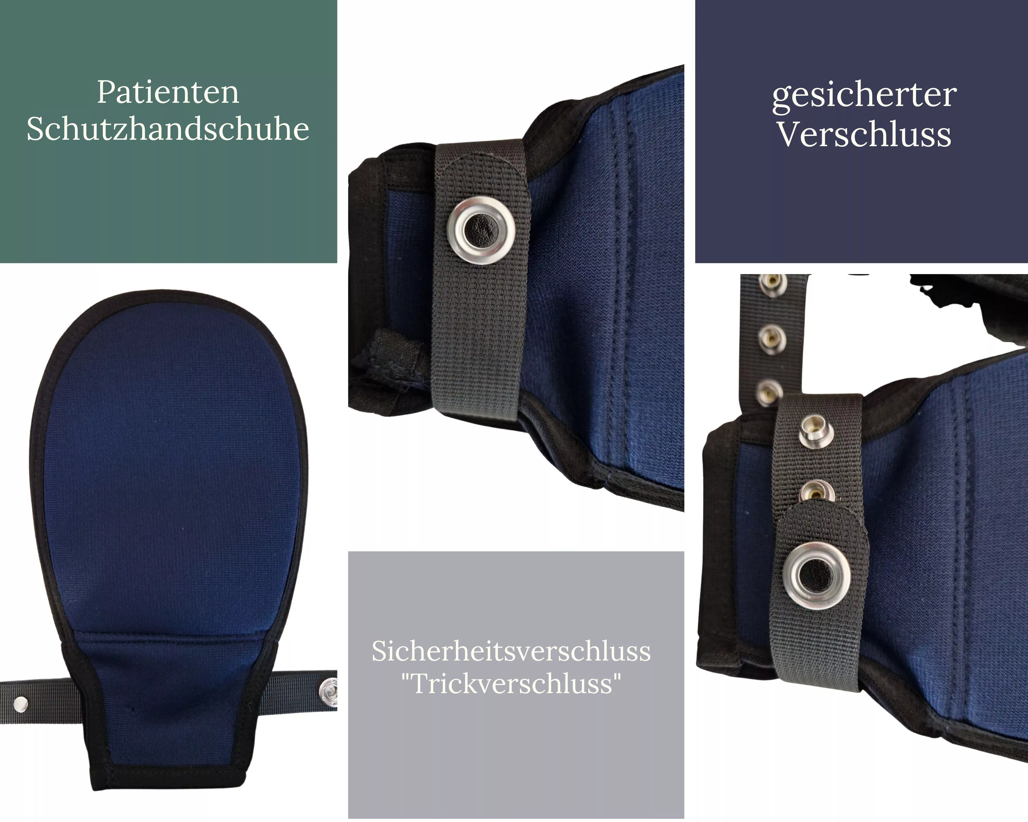 Patientenschutzhandschuhe aus robustem Material, spezielle Druckknopfverschlüsse mit Sicherung, verhindern selbstständiges Ausziehen, atmungsaktiv, waschbar bis 60 °C, Universalgröße. 4832
