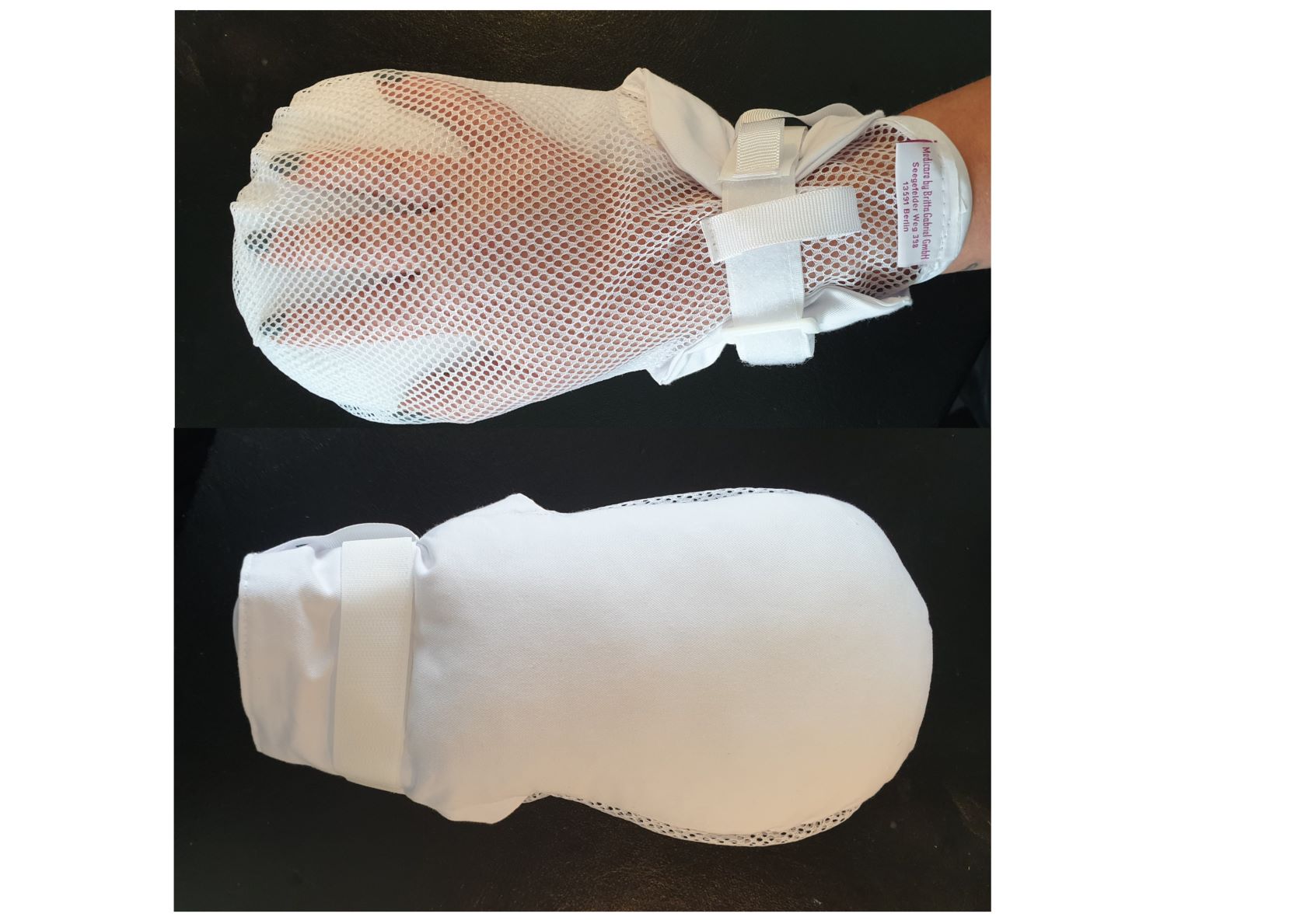 Nahaufnahme des Klettverschlusses und Sichtnetzes der Medicare Patientenschutzhandschuhe, bietet sicheren Halt, ermöglicht Sichtkontrolle der Hand, ideal für Pflegebedürftige. Waschbar bis 60 °C. (4814)