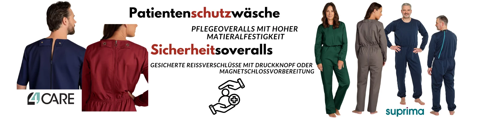 Pflegeoveralls in Blau, Rot und Grün - verschiedene Ansichten